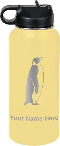 Vista 57 de LaserGram Botella de agua personalizada, pingüino, acero inoxidable de doble pared aislada al vacío con popote superior, regalo grabado