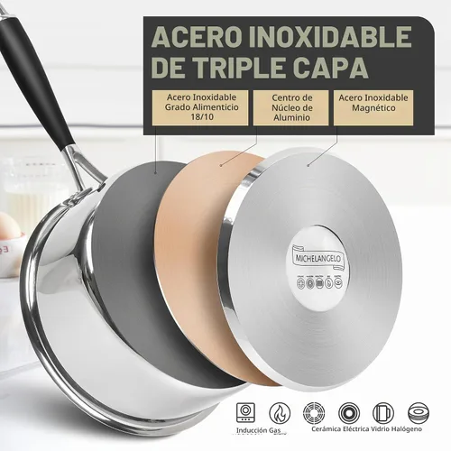 Vista 3 de MICHELANGELO Triply - Cacerola de acero inoxidable con tapa, 6 piezas, sartén de acero inoxidable con mango de baquelita, juego de cacerolas