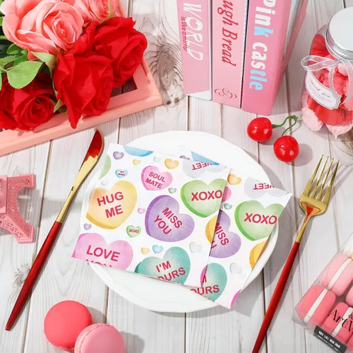 Vista 3 de Whaline 80 servilletas de papel para el día de San Valentín, conversación con corazón, desechables, servilletas de cóctel coloridas para vacaciones