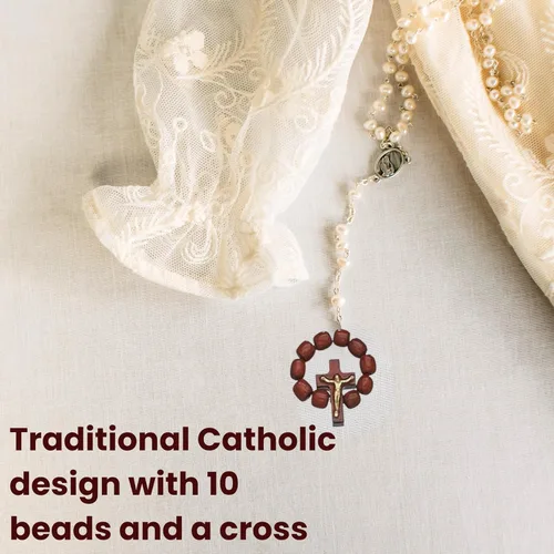 Vista 4 de Catholica Shop Anillo elástico de rosario de dedo católico, cuentas de oración de madera de cerezo – Paquete de 6 unidades – Hecho en Brasil