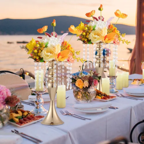 Vista 7 de 8 centros de mesa de fiesta para mesas, soportes de flores de metal con cuentas de cristal, centros de mesa de boda para mesa, jarrones de flores