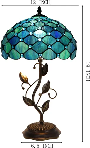 Vista 2 de Tiffany Table Lamp, Stained Glass Desk Light, W12H19 Inch, Metal Leaf Base (Sea Blue Pearl Style)