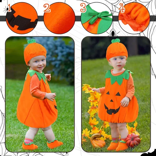 Vista 4 de Disfraz de calabaza de Halloween para niños de 0 a 24 meses, unisex, calabaza naranja, divertido traje de cosplay con 1 cesta de calabaza y 1