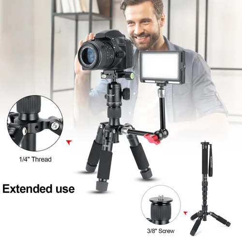 Vista 7 de Koolehaoda - Mini trípode de mesa de 20 pulgadas con cabezal de bola de 360°, portátil, color negro Aluminum Desktop Tripod Stand, Load up to
