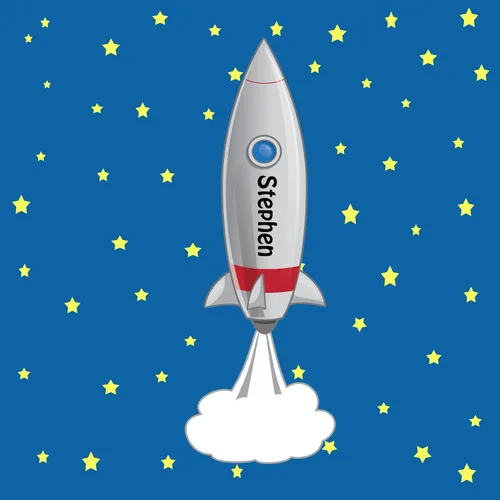 Vista 2 de Calcomanías de pared de barco cohete Un espacio divertido para decoración de habitación de niños, mural con estrellas y calcomanías de nombre