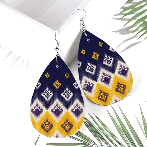 Vista 4 de Aretes de lágrima de cuero azul y amarillo para mujer, coloridos aretes colgantes ligeros de doble impresión para mujeres y niñas, joyería de moda