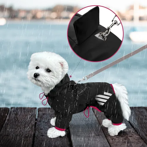 Vista 5 de Chaqueta de Lluvia para Perros, Chaqueta Impermeable con Capucha, Chubasquero con Agujero para Correa, Tira Reflectante para Perros Pequeños y Negro