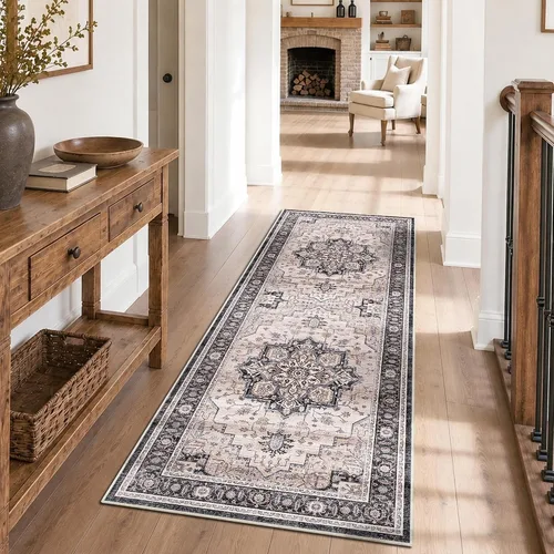 Vista 27 de Alfombra de pasillo vintage de 2 x 6 pies de pelo bajo Marrón beige
