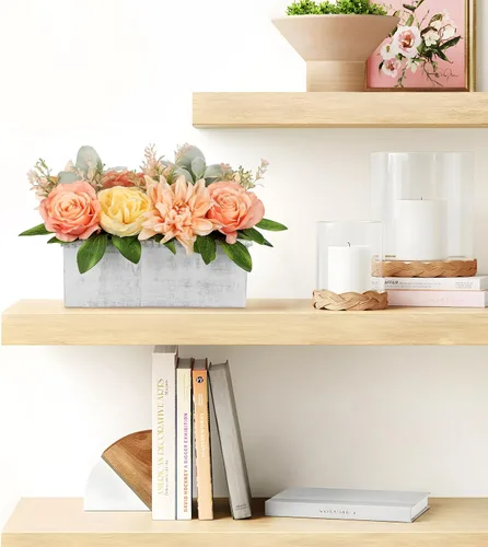 Vista 4 de DILATATA Arreglo floral con jarrón de madera, flores artificiales de 10 pulgadas en maceta, flores falsas en jarrón rectangular de madera blanco