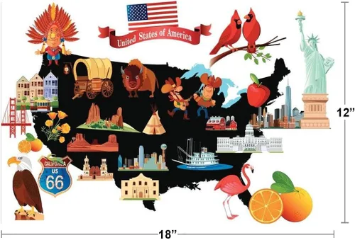 Vista 3 de Dibujos animados mapa de los Estados Unidos Estados Unidos con símbolos – Póster