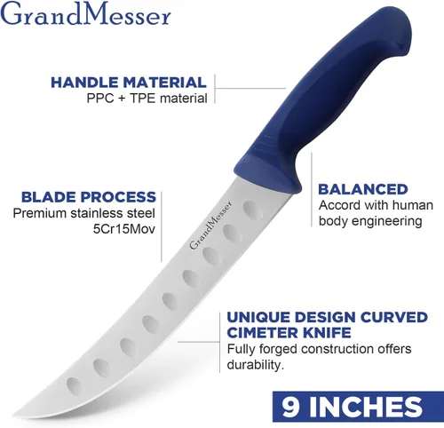 Vista 2 de Cuchillo de carnicero para cortar carne, cuchillo curvo con mango cómodo de 9 pulgadas, hoja de acero inoxidable alemán de alto carbono, cuchillo