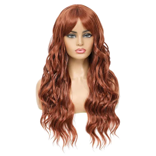 Vista 12 de SWACC Peluca larga y rizada ondulada con flequillo peluca de pelo sintético para mujeres con gorra de peluca (negro)