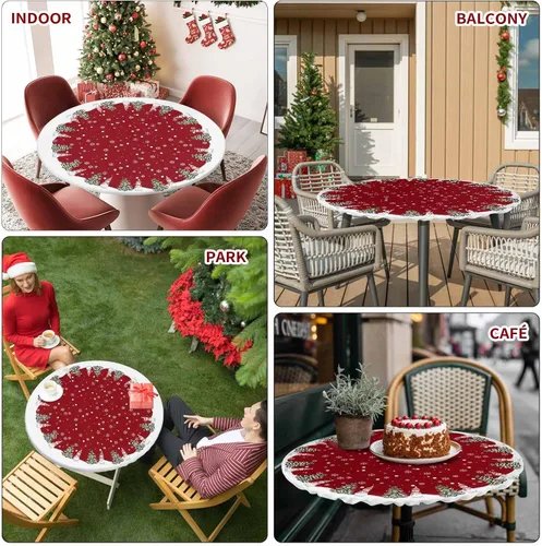 Vista 7 de Mantel redondo de Navidad de 55 a 60 pulgadas, impermeable, reutilizable, mantel elástico redondo ajustable para fiestas al aire libre, copo