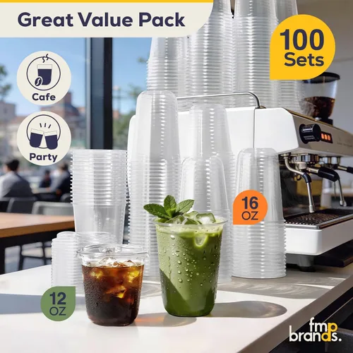 Vista 7 de Fit Meal Prep Paquete de 100 vasos de plástico transparente de fondo redondo de 12 onzas con tapas sin popote, tazas de café helado desechables