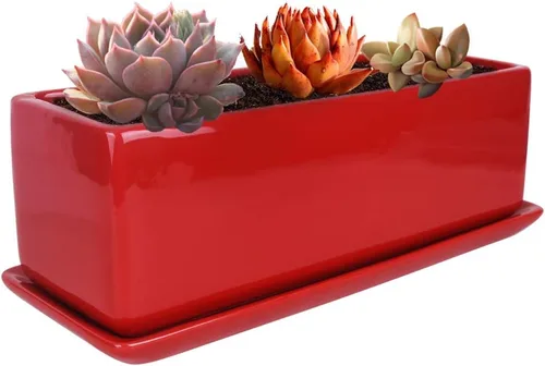 Vista 12 de Vencer Maceta rectangular moderna minimalista de cerámica para suculentas de 12 pulgadas, caja con ventana con platillo, soporte de escritorio