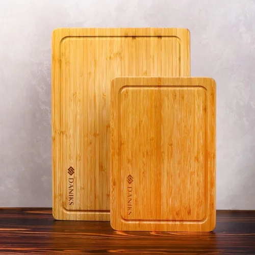 Vista 2 de Daniks Juego de 2 tablas de cortar de bambú con ranura para jugos, XL de 16 x 12 pulgadas y 13 x 9 pulgadas de largo, tablas de cortar para cocina