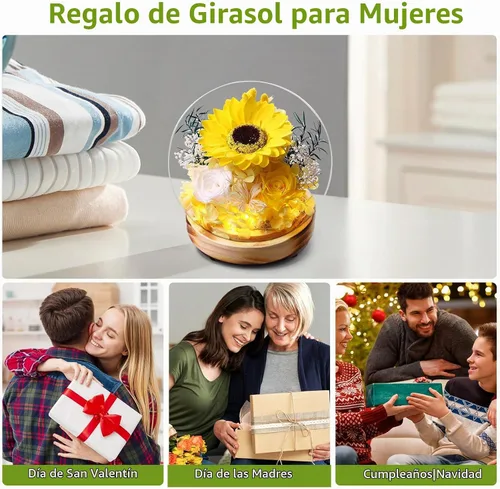 Vista 9 de Domo de Vidrio con Girasoles y Rosas Preservadas y Luces LED, Base de Madera, para el Día de San Valentín, Día de la Madre, Cumpleaños, Navidad