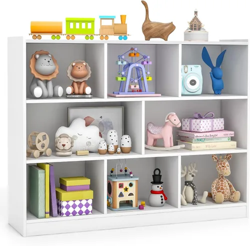 Vista 13 de KOTEK Organizador de almacenamiento de juguetes, estantería infantil de 5 cubos, estantería de madera de 3 niveles, estante abierto para guardería