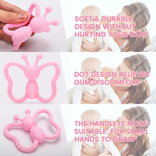 Vista 4 de Juguetes de dentición para bebés, diseño de mariposa, juguete para aliviar el dolor para bebés recién nacidos, regalo de ducha neutro seguro