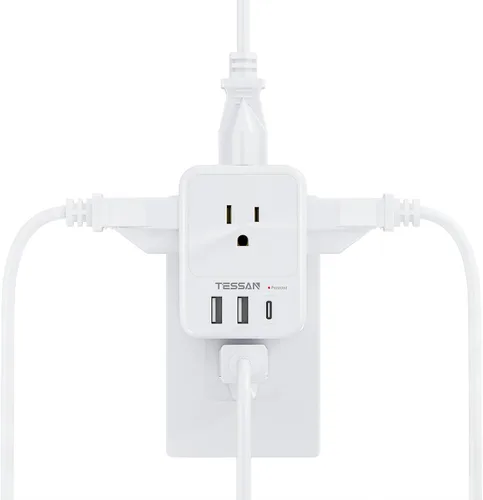 Vista 8 de Divisor de enchufe de pared múltiple, extensor de protector de sobretensión TESSAN de 4 salidas con 3 bloques de carga USB (2 USB C), expansor