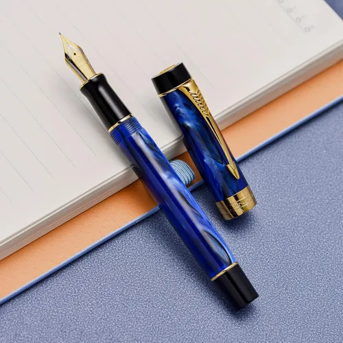 Vista 3 de Jinhao 100 - Pluma estilográfica clásica de celuloide de mármol azul, punta extrafina con convertidor y estuche para bolígrafos
