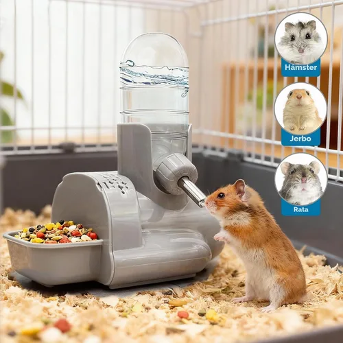 Vista 2 de VANNON Botella de agua 3 en 1 para hámster con cuenco para alimentos y base Gris