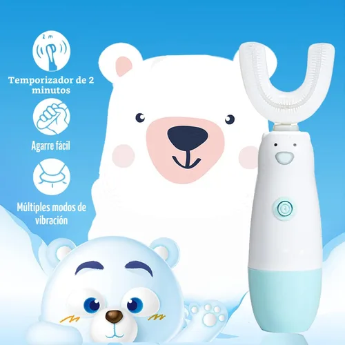 Vista 3 de Cepillo de dientes eléctrico en forma de U para niños Meqtpomy, cepillo de dientes para niños pequeños impermeable con batería, cepillos de dientes