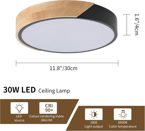 Vista 2 de Lámpara de techo LED moderna, 2 paquetes de luces de techo de montaje empotrado de madera, luces de cocina LED y accesorios de iluminación
