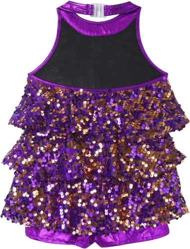 Vista 2 de Freebily Vestido de ballet con lentejuelas brillantes para niñas y niñas, cuello halter, falda de leotardo corto de jazz, hip hop, disfraz de danza