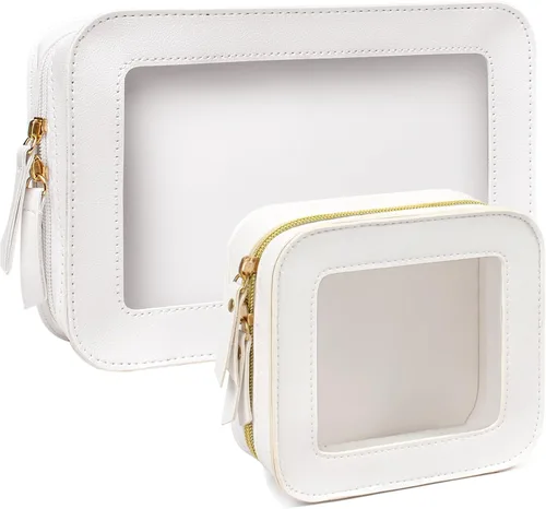 Vista 7 de Paquete de 2 bolsas de maquillaje transparentes para viaje, neceser aprobado por la TSA con cremallera, pequeñas bolsas de maquillaje para mujeres
