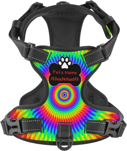 Vista 26 de Arnés personalizado para perro sin tirones, chaleco personalizado con bandera estadounidense para perro con número de teléfono y nombre de mascota