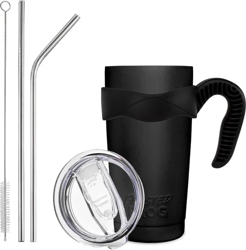 Vista 2 de Frosted Frog Vaso negro de 20 onzas con aislamiento al vacío con popote de acero inoxidable