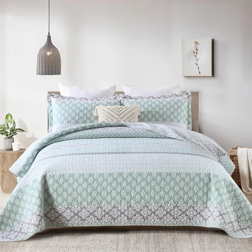 Vista 8 de SahSahCasa Juego de edredón, tamaño Queen, juego de ropa de cama 100% algodón, colcha reversible ligera con diseño floral de patchwork para cama