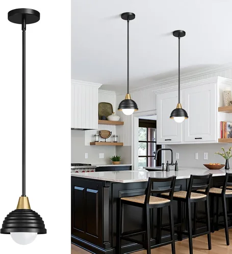Vista 15 de Luces Colgantes para Isla de Cocina: Lámpara de Estilo Granja Dorada Cepillada con Vidrio Transparente - Globo de Mediados de Siglo de 10 Pulgadas