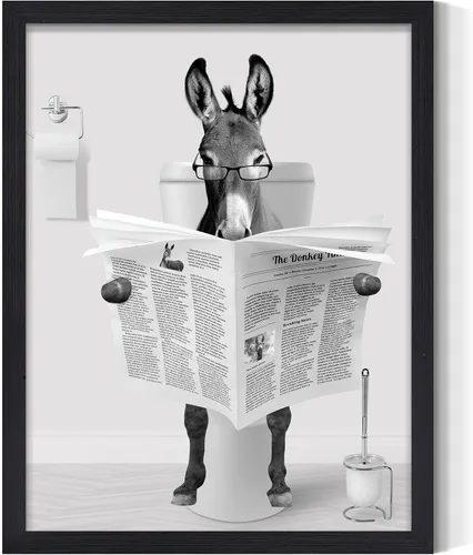 Vista 9 de Decoración de Arte de Pared en Blanco y Negro – Oso con Gafas Sentado en el Inodoro Leyendo Periódico, Impresiones en Lienzo, Imágenes de Animales