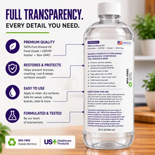 Vista 9 de US+ Aceite mineral 100% puro de 32 onzas, aceite para tablas de cortar, grado alimenticio, USP, restaura y protege tablas de cortar, bloques