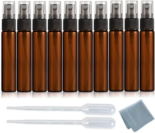 Vista 2 de Paquete de 25 botellas de perfume de viaje con atomizador a granel de 0.3 fl oz, botella vacía hidratante (ámbar)