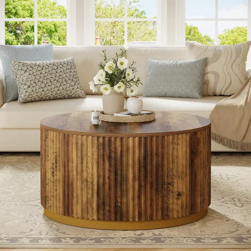Vista 3 de Tribesigns Mesa auxiliar redonda de 31.5 pulgadas, mesa central de madera acanalada con base de tambor resistente, muebles modernos de mediados