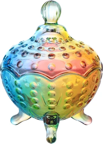 Vista 8 de SOCOSY Royal Rainbow - Tarro de boticario con patas de cristal en relieve con tapa, tarro de cristal transparente para bufé de dulces, 22 onzas