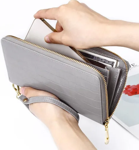 Vista 6 de Badiya Cartera para mujer, con bloqueo RFID, de cuero, con cremallera, de gran capacidad, para tarjetas de crédito, bolso largo, Gris