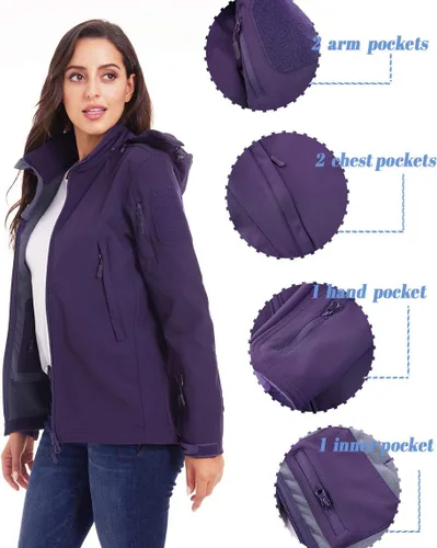 Vista 2 de TACVASEN Chaqueta atlética para mujer, impermeable, rompevientos, forro polar, softshell, abrigo de esquí de nieve con capucha