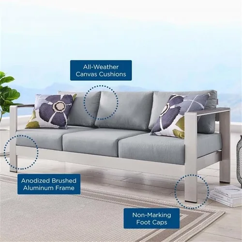 Vista 10 de Modway Sofá de aluminio y tela para patio al aire libre Shore en plata/gris