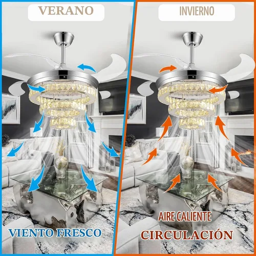 Vista 3 de Ventilador de techo de cristal de 42 pulgadas con luces, moderno ventilador de techo con control remoto, ventilador de techo retráctil invisible