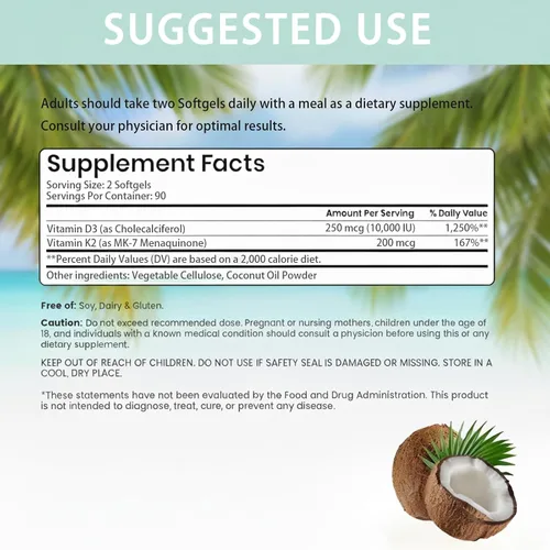 Vista 2 de Vitamina D3 K2, 10000 UI de vitamina D3 con K2 MK-7 200 mcg, suplemento D3 K2 para apoyo óseo y absorción de calcio, 180 cápsulas blandas