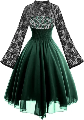 Vista 3 de Women's Long Sleeve Gothic Dress with Corset Lace Swing Cocktail Dress Sexy Halloween Costumes 2023