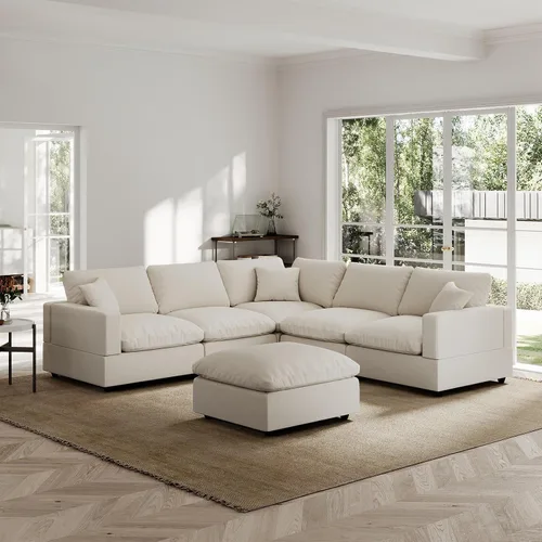 Vista 28 de Sofá seccional moderno de lino en forma de L para sala de estar, sofás modulares con relleno de plumón, fundas de cojín de sofá desmontables, sofá