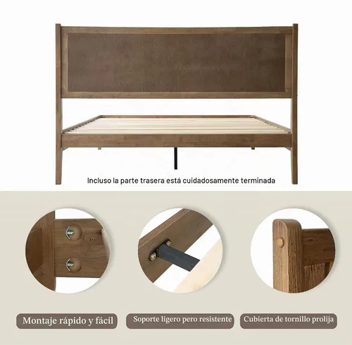 Vista 10 de Marco de cama tamaño King, cama plataforma de madera sólida con cabecera y pie de cama, 12 listones resistentes, patas centrales de metal, fácil