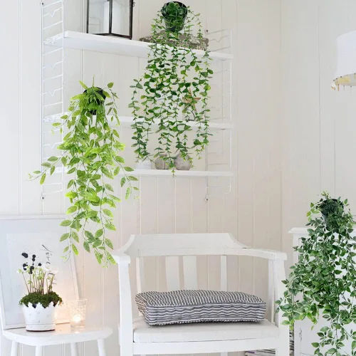 Vista 7 de Plantas colgantes artificiales, plantas colgantes falsas, plantas falsas en maceta para decoración del hogar, decoración de estantes interiores