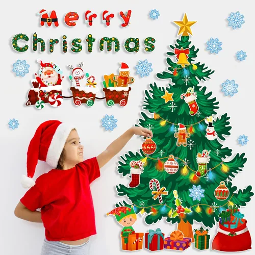 Vista 5 de Konsait Decoración de tablero de anuncios de árbol de Navidad, 56 unidades, cajas de regalo de copos de nieve de Papá Noel, recortes de Navidad