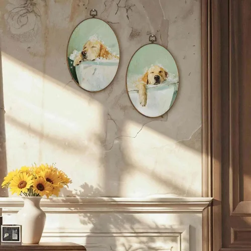 Vista 2 de LKETW Divertida decoración ovalada de pared de baño Golden Retriever, regalos de Golden Retriever, decoración ovalada para colgar en lienzo